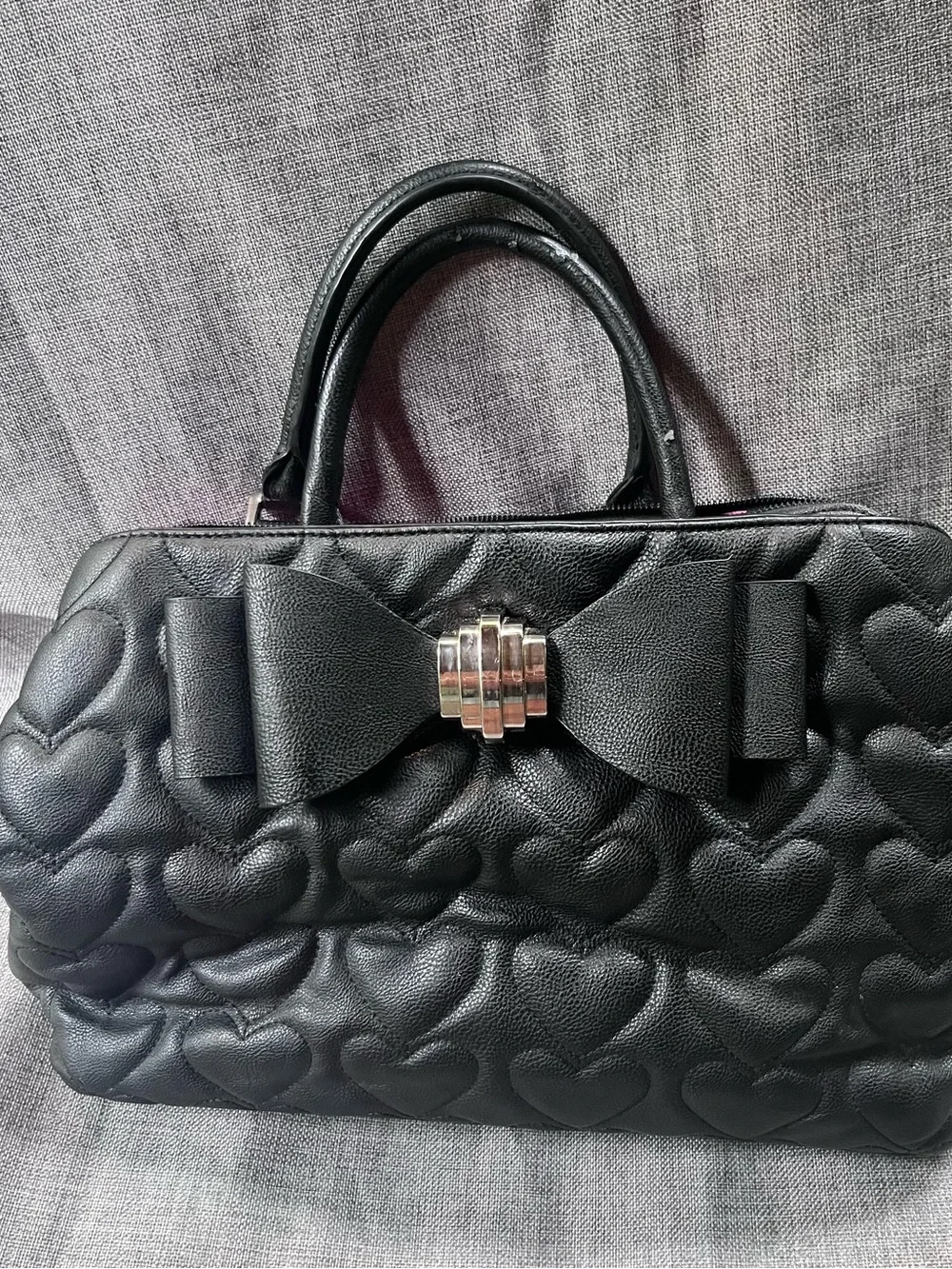 Black Betsy Johnson Quilted Heart Satchel with Bow Accent